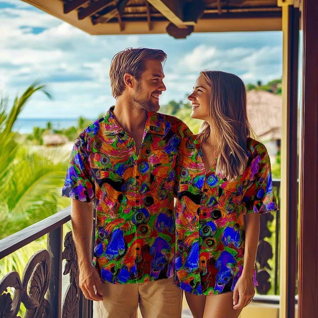 A couple wearing coordinated colorful shirts at a tropical resort