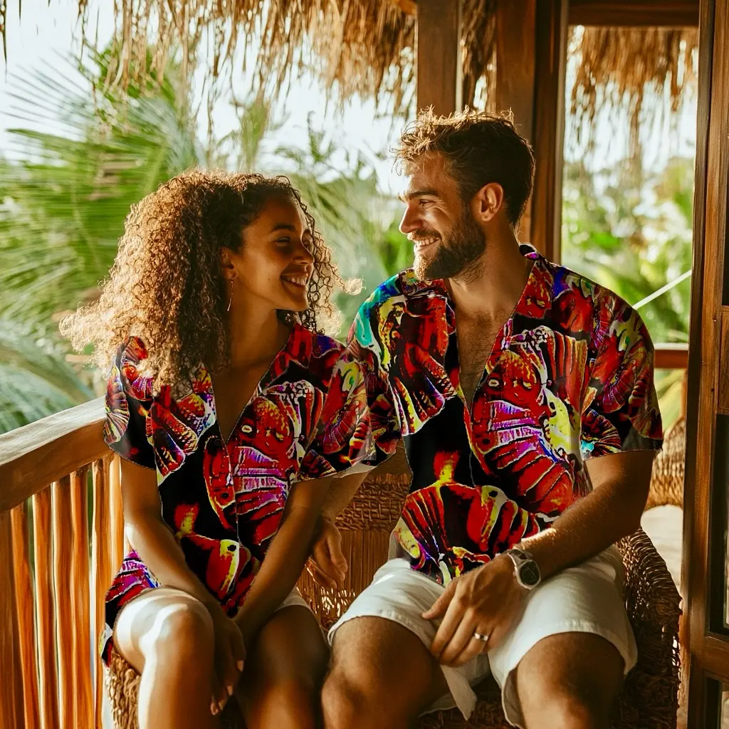 A couple relaxing together in coordinated Walt Smith shirts